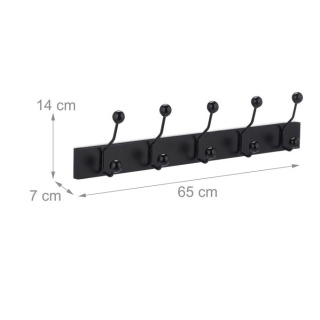 Czarny wieszak ścienny – 5 haczyków – 65x14x7 cm – MDF/żelazo/drewno