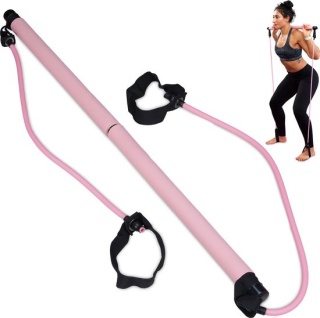 Drążek do pilatesu - fitness - z 2 taśmami oporowymi, pętlami na stopy, różowy, 91x86x3 cm