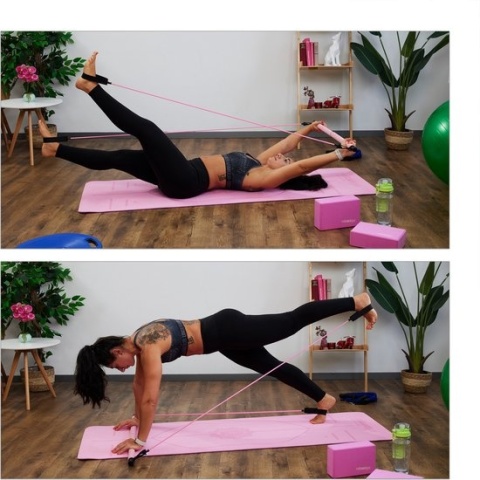 Drążek do pilatesu - fitness - z 2 taśmami oporowymi, pętlami na stopy, różowy, 91x86x3 cm Drążek do pilatesu - fitness - z 2 taśmami oporowymi, pętlami na stopy, różowy, 91x86x3 cm