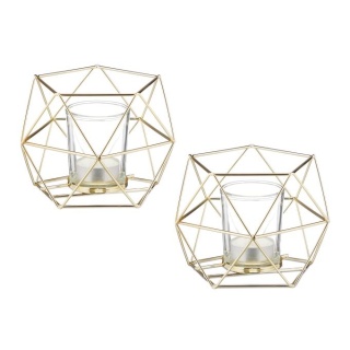 Geometryczne świeczniki na podgrzewacze tealight – 2 sztuki – 10x13x12 cm – żelazo/szkło