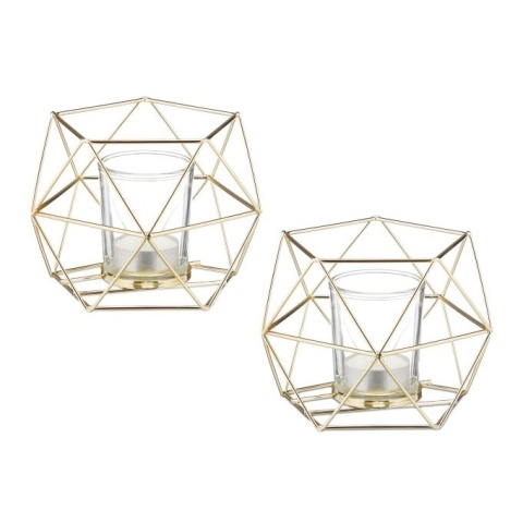 Geometryczne świeczniki na podgrzewacze tealight – 2 sztuki – 10x13x12 cm – żelazo/szkło