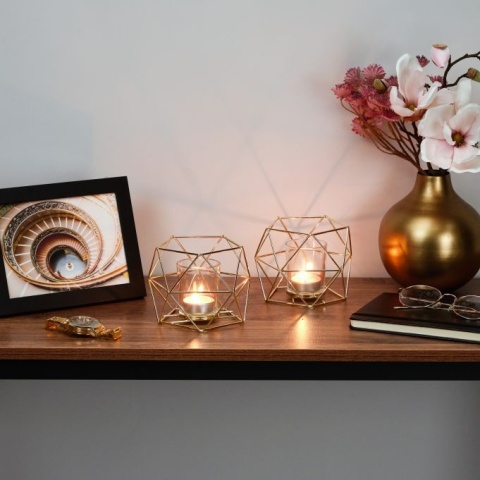 Geometryczne świeczniki na podgrzewacze tealight – 2 sztuki – 10x13x12 cm – żelazo/szkło