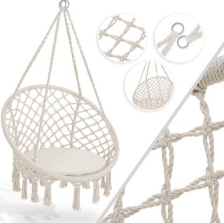 Huśtawka / fotel wiszący KESSER – 77x123 cm – siedzisko Ø61 cm, pierścień Ø82 cm – do 150 kg – bawełna/poliester