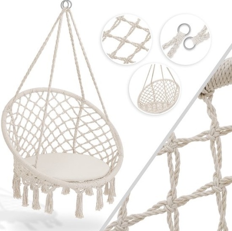 Huśtawka / fotel wiszący KESSER – 77x123 cm – siedzisko Ø61 cm, pierścień Ø82 cm – do 150 kg – bawełna/poliester