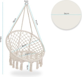 Huśtawka / fotel wiszący KESSER – 77x123 cm – siedzisko Ø61 cm, pierścień Ø82 cm – do 150 kg – bawełna/poliester