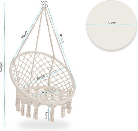 Huśtawka / fotel wiszący KESSER – 77x123 cm – siedzisko Ø61 cm, pierścień Ø82 cm – do 150 kg – bawełna/poliester