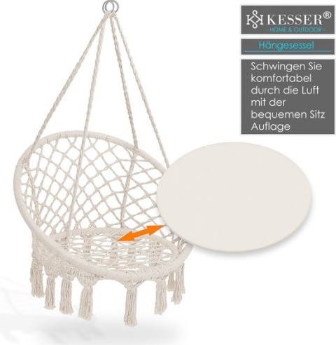 Huśtawka / fotel wiszący KESSER – 77x123 cm – siedzisko Ø61 cm, pierścień Ø82 cm – do 150 kg – bawełna/poliester