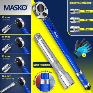 Klucz dynamometryczny 1/2" – 40-210 Nm – zestaw 6 el. – 470 mm – CrV – 1,5 kg