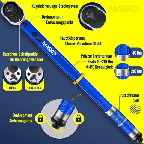 Klucz dynamometryczny 1/2" – 40-210 Nm – zestaw 6 el. – 470 mm – CrV – 1,5 kg