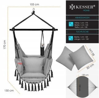 Krzesło wiszące hamak ogrodowy – do 150 kg – 170x105x150 cm – z poduszkami