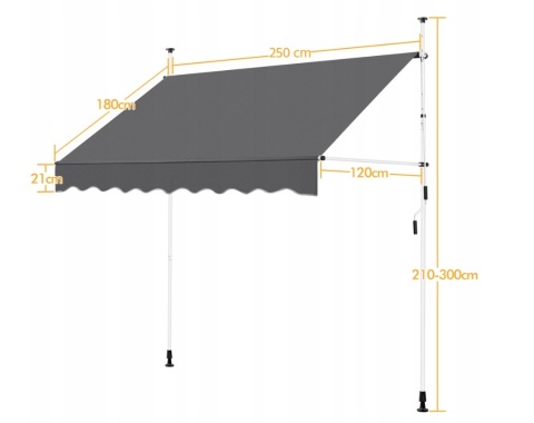 Markiza ręcznie składana 250x180 cm – ciemnoszara – stal/aluminium/poliester PU – wys. 210-300 cm