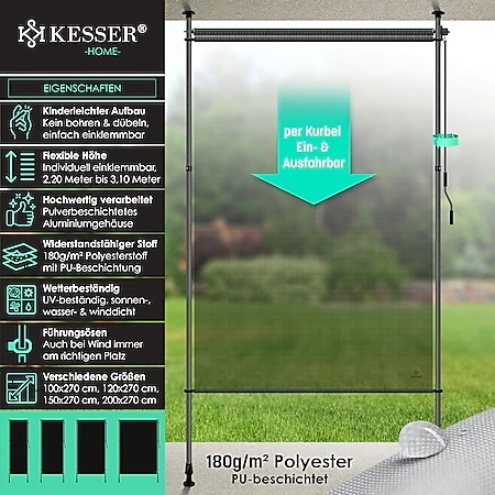 Markiza zaciskowa balkonowa – 120x220-310 cm – aluminium – korba – wodoodporna/UV