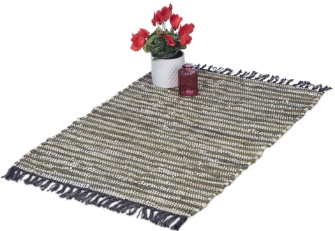 Ozdobny dywanik - chodnik - patchworkowy – 100x60 cm – bawełna/skóra – ciemnozielony