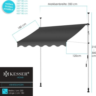 Markiza 180x350 cm – poliester/poliuretan – stalowa rama – wys. montażu 210-300 cm – korba 125 cm