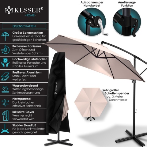 Parasol ogrodowy 300 cm – obrotowy 360° – poliester/aluminium – wodoodporny/UV – wys. 240 cm