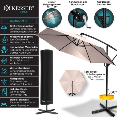 Parasol ogrodowy 300 cm – obrotowy 360° – poliester/aluminium – wodoodporny/UV – wys. 240 cm