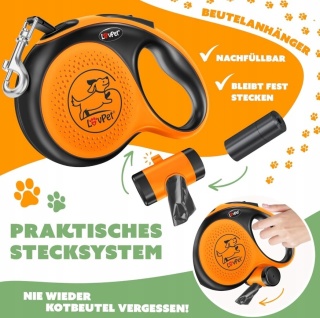 Smycz automatyczna - wysuwana LOVPET 3 m – do 15 kg – czarno-pomarańczowa – ABS/stal nierdzewna