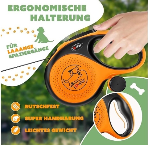 Smycz automatyczna - wysuwana LOVPET 3 m – do 15 kg – czarno-pomarańczowa – ABS/stal nierdzewna