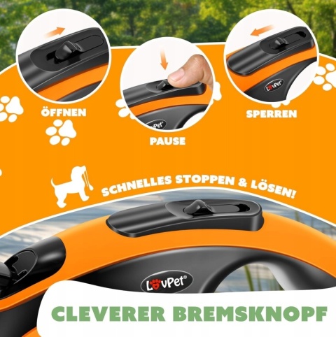 Smycz automatyczna - wysuwana LOVPET 3 m – do 15 kg – czarno-pomarańczowa – ABS/stal nierdzewna