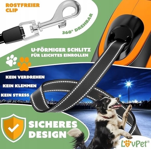 Smycz automatyczna - wysuwana LOVPET 3 m – do 15 kg – czarno-pomarańczowa – ABS/stal nierdzewna