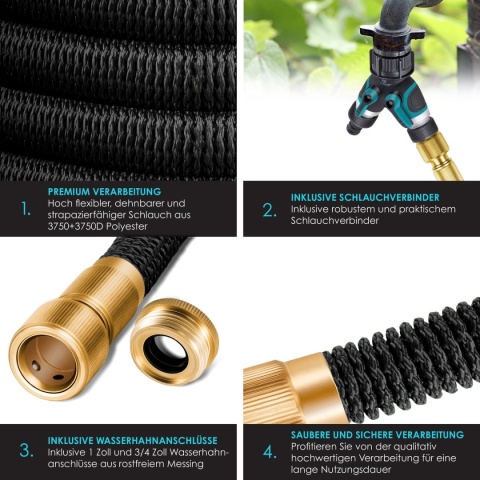 Wąż ogrodowy KESSER Premium 22,5 m – elastyczny – poliester/mosiądz/lateks – czarny – 10 bar