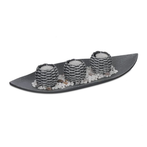 Zestaw 3 świeczek na tealight z podstawką i kamykami - szyszki - 39x16x6 cm