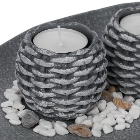 Zestaw 3 świeczek na tealight z podstawką i kamykami - szyszki - 39x16x6 cm