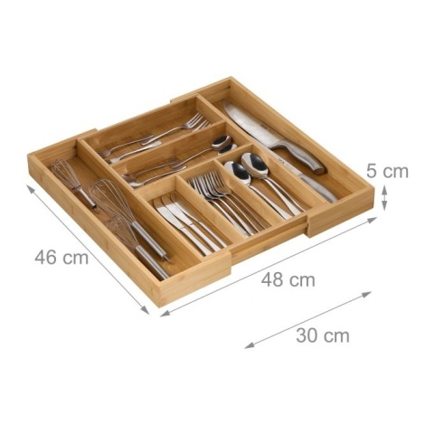 Bambusowy wkład na sztućce do szuflady M 30-48x46cm rozsuwany organizer jasnobrązowy