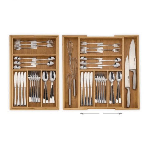 Bambusowy wkład na sztućce do szuflady M 30-48x46cm rozsuwany organizer jasnobrązowy