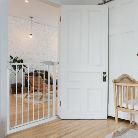 Barierka / bramka drzwi rozszerzana bez wiercenia 78x70cm stal/biały szary montaż 76-82cm