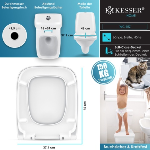 Deska sedesowa KESSER wolnoopadająca, antybakteryjna – 44,6x37,1 cm – rozstaw 130-180 mm