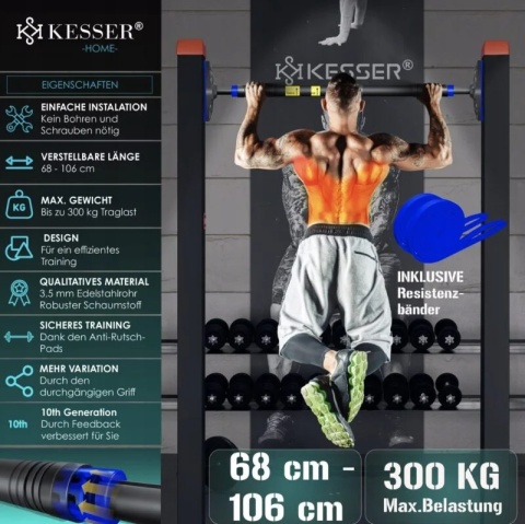 Drążek do podciągania regulowany 68-106 cm – niebieski – stal nierdzewna – do 300 kg – bez wiercenia