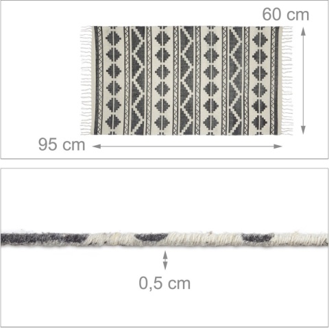 Dywan z frędzlami 60x95cm czarny geometryczny 100% bawełna 0,5cm chodnik
