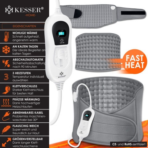 Elektryczna poduszka/pas grzewczy KESSER – 66x28 cm – 100W – 3 poziomy – polar – 220-240V