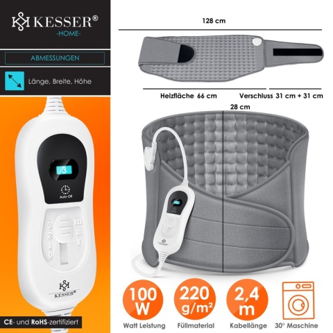 Elektryczna poduszka/pas grzewczy KESSER – 66x28 cm – 100W – 3 poziomy – polar – 220-240V