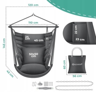 Fotel wiszący KESSER Haiti antracyt 110x120 cm - z poduszkami - do 150 kg - obrotowy 360°