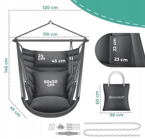 Fotel wiszący KESSER Haiti antracyt 110x120 cm - z poduszkami - do 150 kg - obrotowy 360°