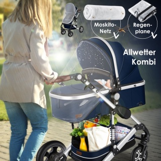 KESSER LOOPS wózek 3w1 niebieski/srebrny fotelik gondola spacerówka gumowe opony torba/pokrowiec
