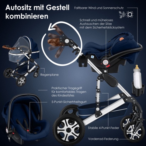 KESSER LOOPS wózek 3w1 niebieski/srebrny fotelik gondola spacerówka gumowe opony torba/pokrowiec