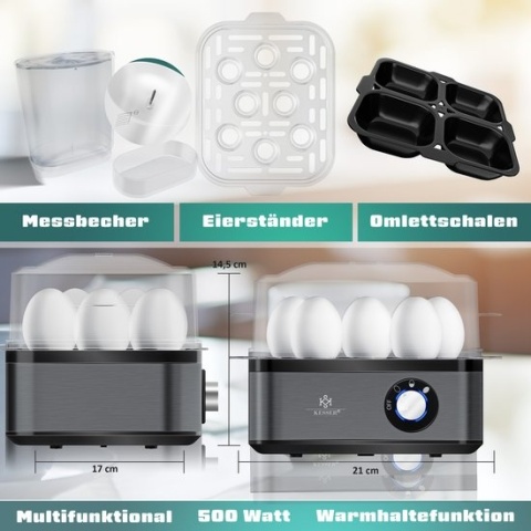 KESSER jajowar elektryczny 8 jaj 500W stal nierdzewna timer omlet miarka czarny/antracytowy