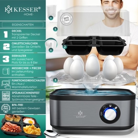 KESSER jajowar elektryczny 8 jaj 500W stal nierdzewna timer omlet miarka czarny/antracytowy