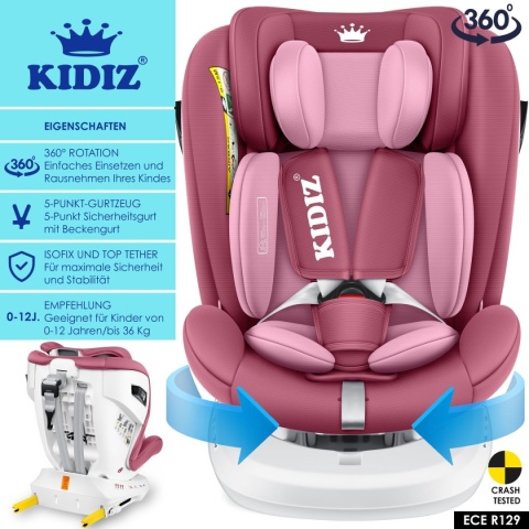 KIDIZ fotelik samochodowy 0-36kg Isofix 360° różowy Grupa 0/1/2/3 daszek boczna ochrona regulacja