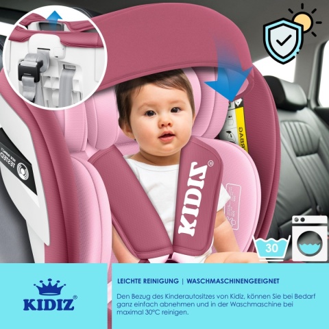 KIDIZ fotelik samochodowy 0-36kg Isofix 360° różowy Grupa 0/1/2/3 daszek boczna ochrona regulacja