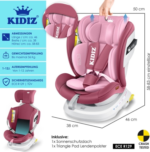 KIDIZ fotelik samochodowy 0-36kg Isofix 360° różowy Grupa 0/1/2/3 daszek boczna ochrona regulacja