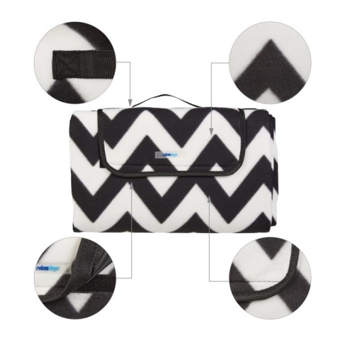 Koc piknikowy polarowy 200x200 cm - czarno-biały zygzak - składany