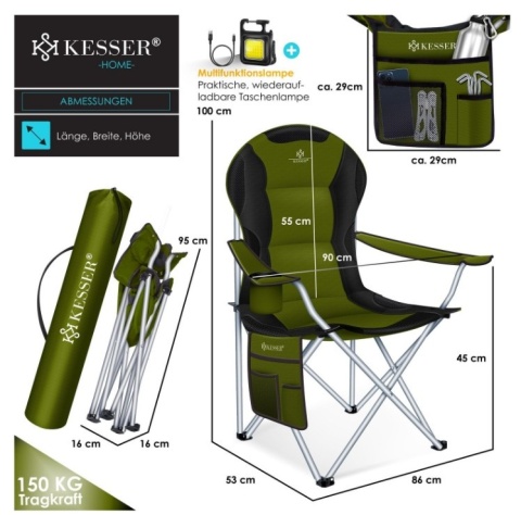 Krzesło kempingowe KESSER - składane - do 150 kg - krzesło wędkarskie