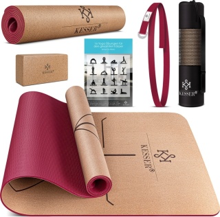 Mata do jogi bordowa z korkiem 183x62 cm – grubość 0,5 cm – pasek 240 cm – blok 7,5x22x12 cm