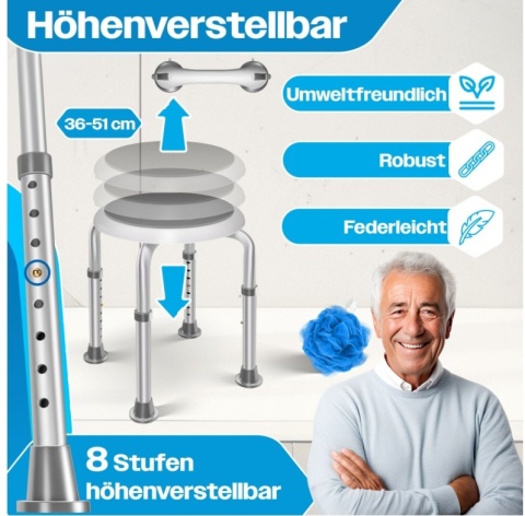 Obrotowy taboret prysznicowy 360° + uchwyt na przyssawki - 136kg 29,5cm - regulacja
