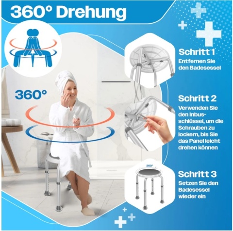 Obrotowy taboret prysznicowy 360° + uchwyt na przyssawki - 136kg 29,5cm - regulacja