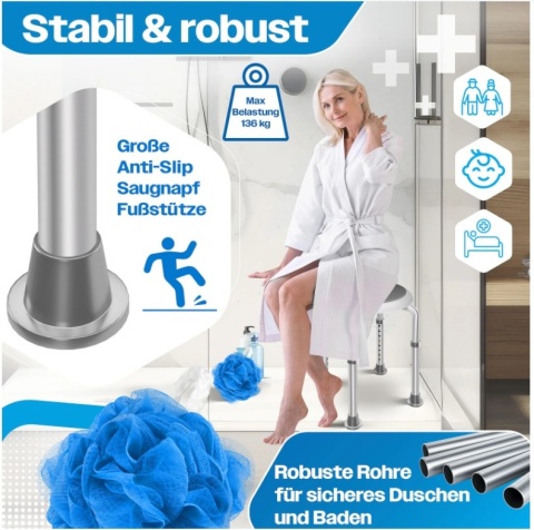 Obrotowy taboret prysznicowy 360° + uchwyt na przyssawki - 136kg 29,5cm - regulacja